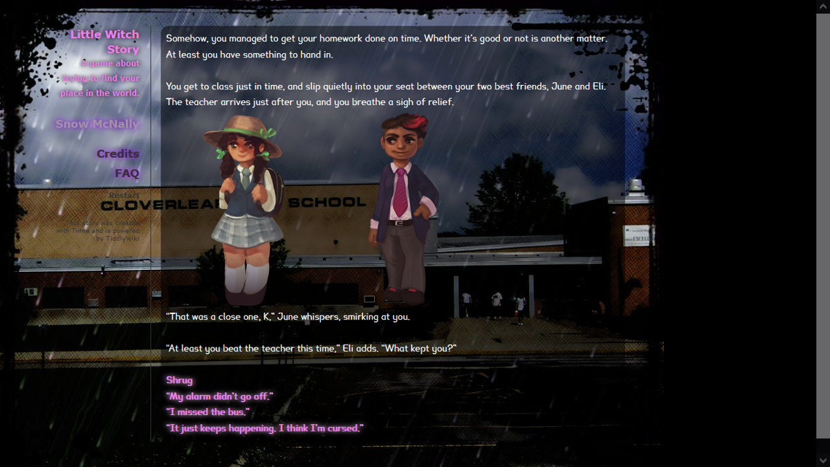 Little Witch Story (Browser) screenshot: You're late to school. Again.