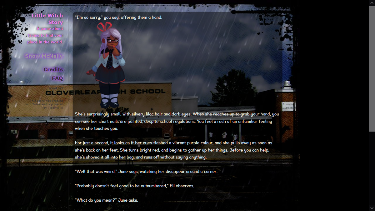 Little Witch Story (Browser) screenshot: A fateful encounter (though you don't yet know it).
