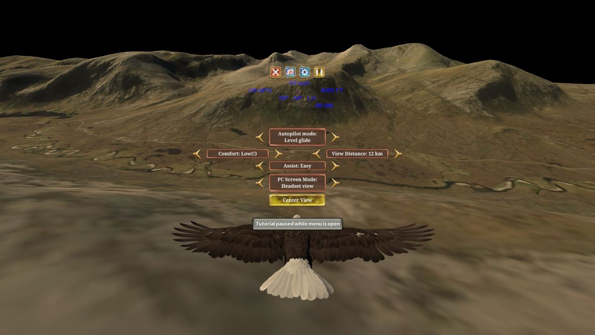 Aquila Bird Flight Simulator (Windows) screenshot: The in-game controls.<br>Note the sky in the game is based on the sky at the time the game is being played and this was played at night, in winter. <br><br>Demo version