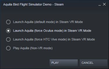 Aquila Bird Flight Simulator (Windows) screenshot: The game is available on Steam and has both VR and non-VR modes of play<br><br>Demo version