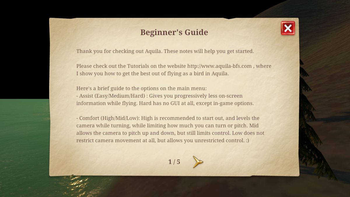 Aquila Bird Flight Simulator (Windows) screenshot: The text based game guide<br><br>Demo version