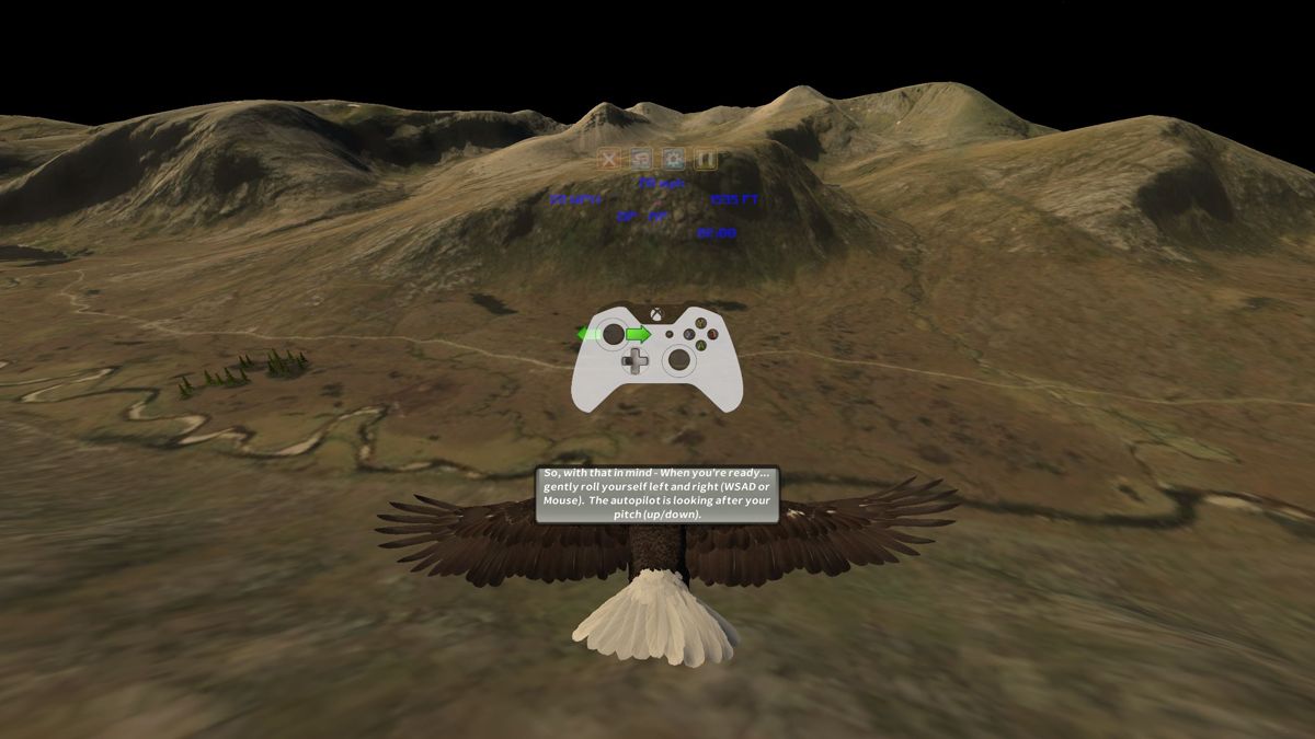 Aquila Bird Flight Simulator (Windows) screenshot: Though detailed tutorials are available on-line there is a short in-game tutorial voiced by the developer<br><br>Demo version
