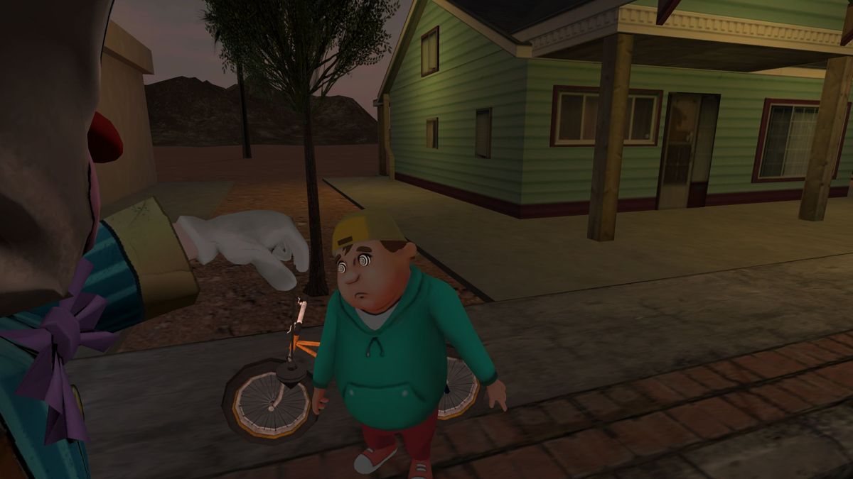 Freaky Clown: Town Mystery (Windows) screenshot: The game starts with a cutscene showing Gumbo the clown hypnotising our friend and putting him in his van