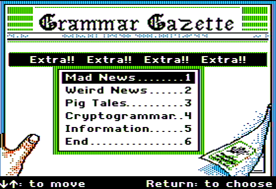 Grammar Gazette (Apple II) screenshot: Main Menu