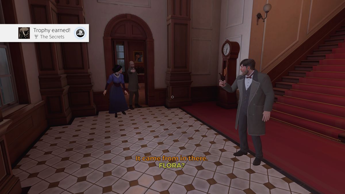 The Invisible Hours (PlayStation 4) screenshot: Everybody is reacting to a woman's scream (TV mode)