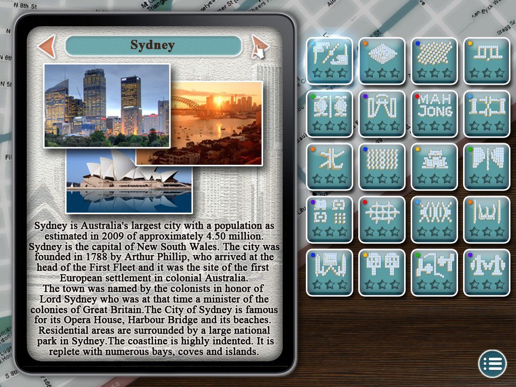 World's Greatest Cities Mahjong (Windows) screenshot: The Sydney menu