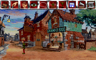 Curse of Enchantia (DOS) screenshot: In town. The command bar is open at the top of the screen.