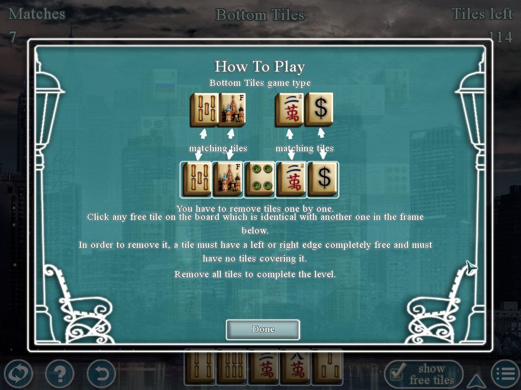 World's Greatest Cities Mahjong (Windows) screenshot: The instructions for a Bottom Tiles game