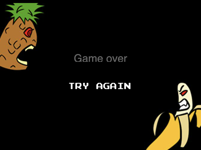 Punky Pong (Browser) screenshot: The game over screen with very angry fruit