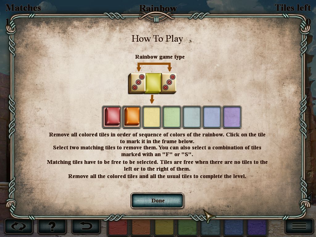 World's Greatest Temples Mahjong (Windows) screenshot: The instructions for a Rainbow game