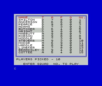 European II (ZX Spectrum) screenshot: Changing selected players one by one