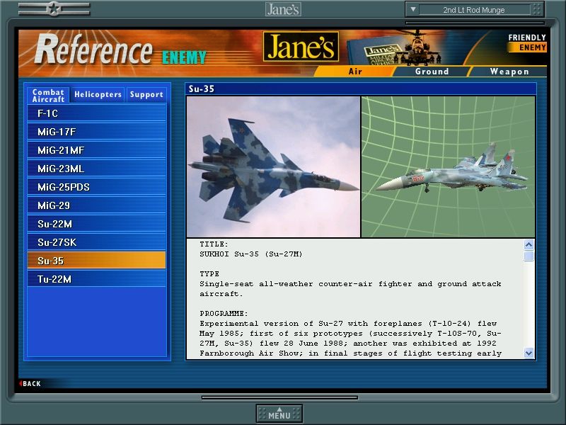 Jane's Combat Simulations: USAF - United States Air Force (Windows) screenshot: There's information available on all weapon systems.
