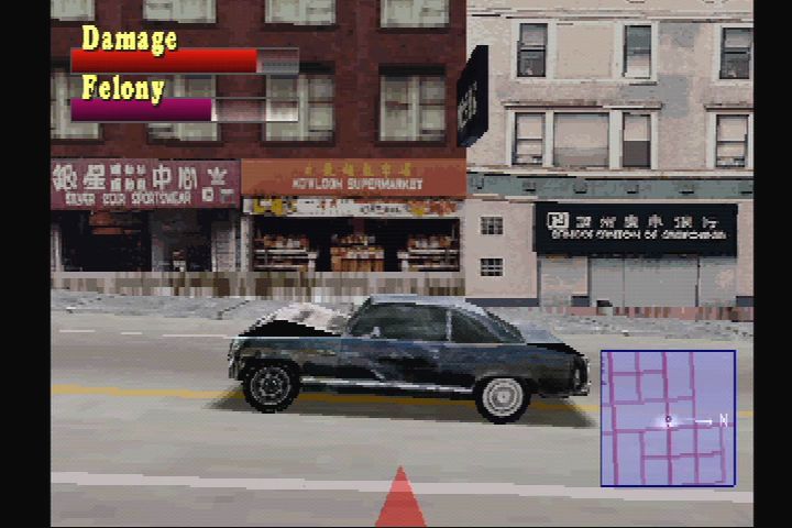 Driver (PlayStation) screenshot: Your car visibly deforms with increased damage.