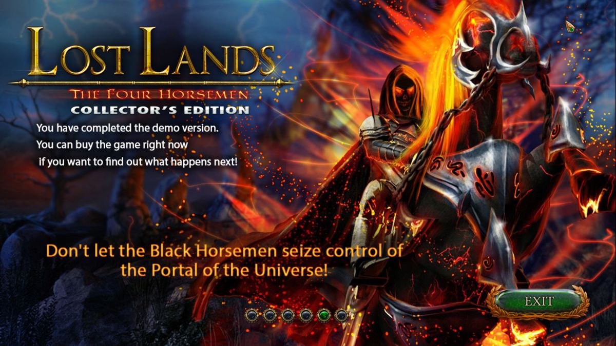 Lost Lands: The Four Horsemen (Collector's Edition) (Windows) screenshot: Game Over! This is the fifth of six promotional end of game screens<br><br>Demo version