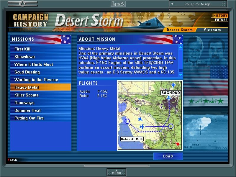 Jane's Combat Simulations: USAF - United States Air Force (Windows) screenshot: Choose the Vietnam, Desert Storm or the Future campaign.