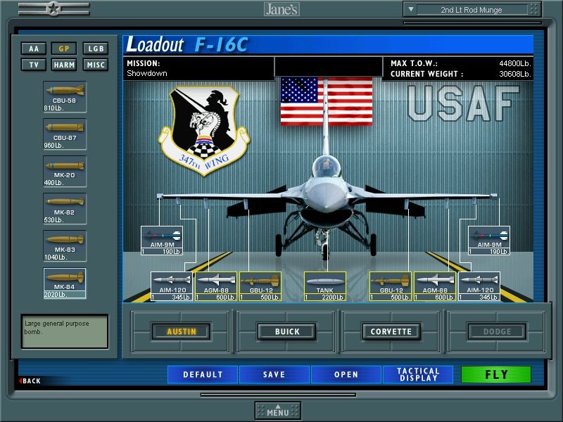 Jane's Combat Simulations: USAF - United States Air Force (Windows) screenshot: Load your aircraft with missiles, bombs, drop tanks...