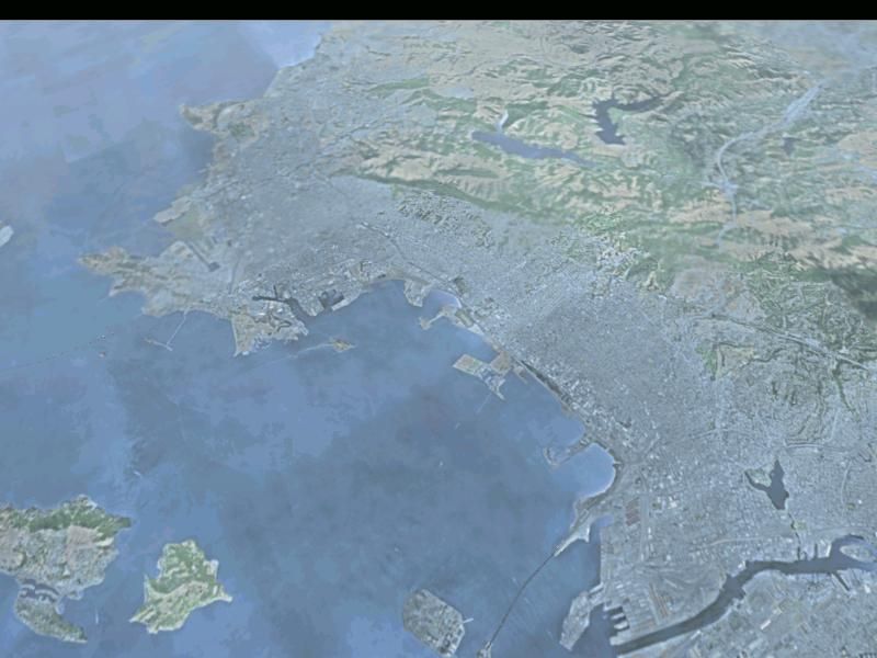 Flight Unlimited II (Windows) screenshot: Satellite terrain imagery from up on high...