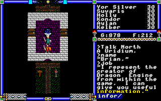 Dragon Engine (DOS) screenshot: Chatting to an NPC. The game helpfully highlights keywords.