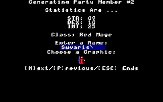 Dragon Engine (DOS) screenshot: Character generation screen.