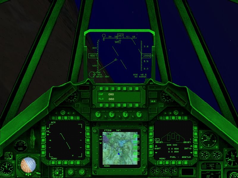 Jane's Combat Simulations: USAF - United States Air Force (Windows) screenshot: Cockpit of the F-117A with the night lights on