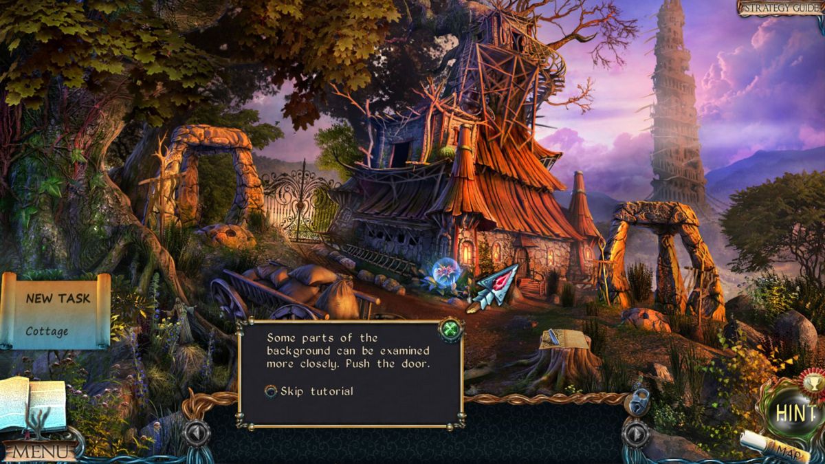 Lost Lands: The Four Horsemen (Collector's Edition) (Windows) screenshot: The game starts when the initial cut scene ends. Susan has been transported to 'The Lost Lands'. Here the game is being played with the interactive tutorial turned on<br><br>Demo version