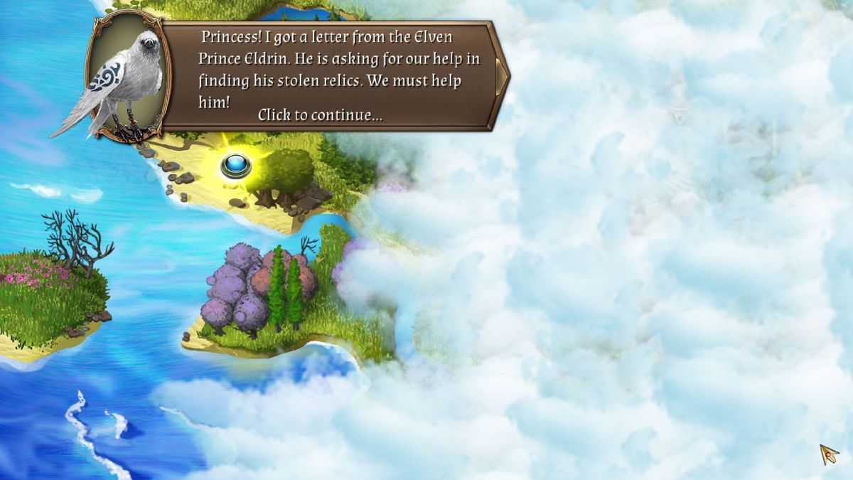 The Far Kingdoms: Forgotten Relics (Windows) screenshot: The game starts with the princess' budgie receiving a message - must be a secretary bird. We don't see much of him/her/it after the opening