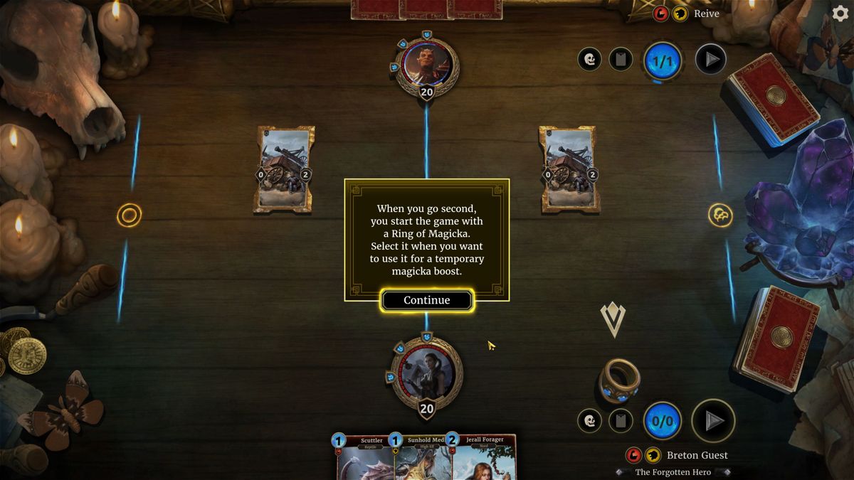 The Elder Scrolls: Legends - Heroes of Skyrim (Windows) screenshot: In chapter three we fight Reive. he starts with defences already in place and we get a magic ring. The defences must be destroyed before we can attack Reive or his creatures