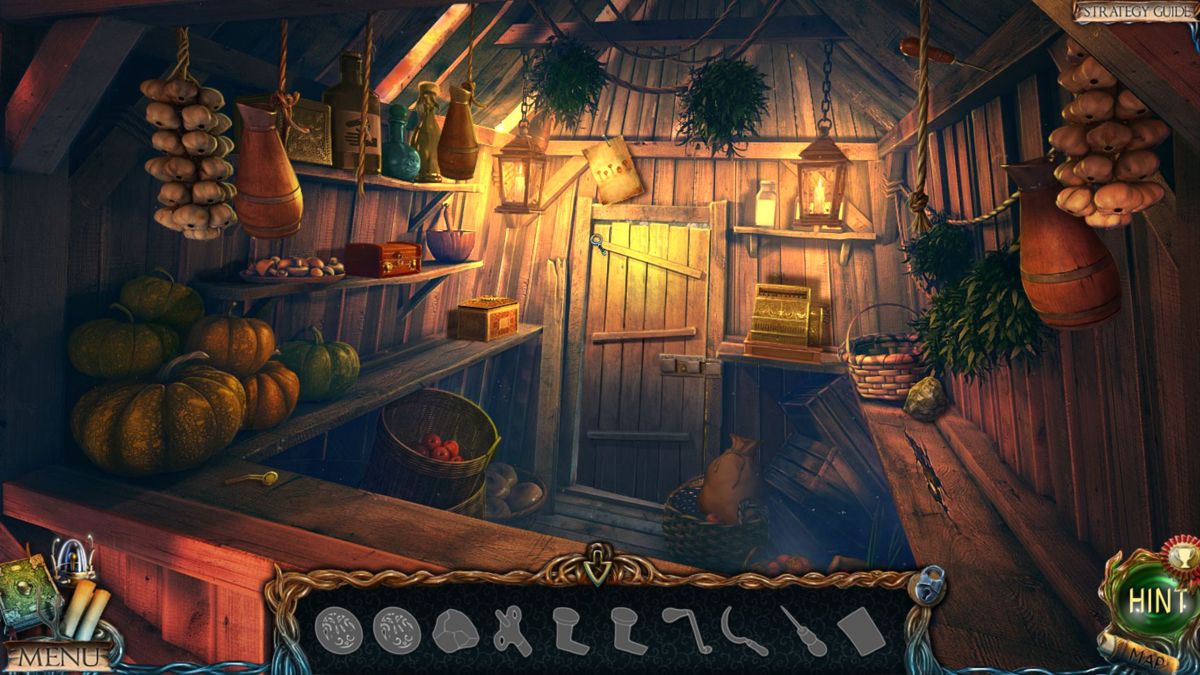 Lost Lands: The Four Horsemen (Collector's Edition) (Windows) screenshot: A hidden object puzzle. The player must find the items shown in silhouette. These puzzles usually involve moving one item to find a second that is used to unlock a third e.t.c.<br><br>Demo version