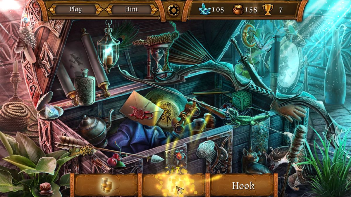 The Far Kingdoms: Forgotten Relics (Windows) screenshot: This hidden object puzzle was a surprise. Each item found, there were six in all, gives the player coins as a reward