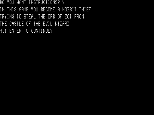 Hobbit (TRS-80) screenshot: Instructions