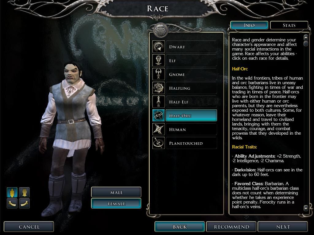 Neverwinter Nights 2: Mask of the Betrayer (Windows) screenshot: Character creation. Most of the races have several subraces as well.