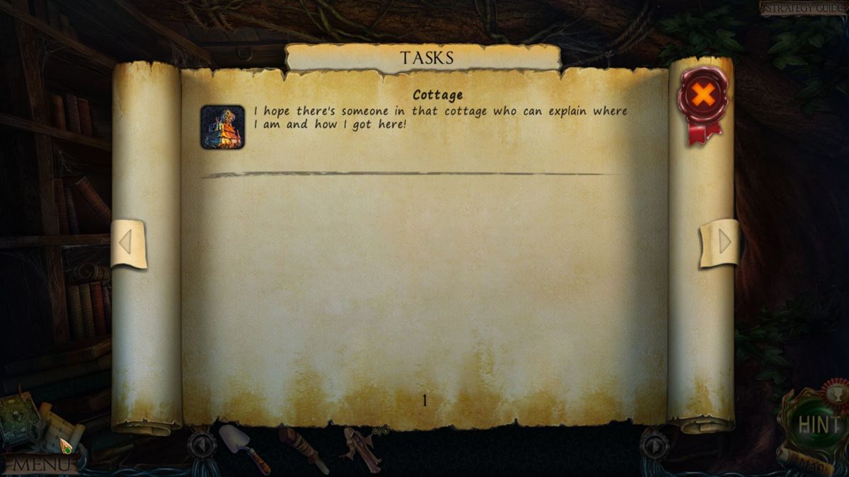 Lost Lands: The Four Horsemen (Collector's Edition) (Windows) screenshot: In the lower left is a scroll, this shows the current tasks to be completed <br><br>Demo version