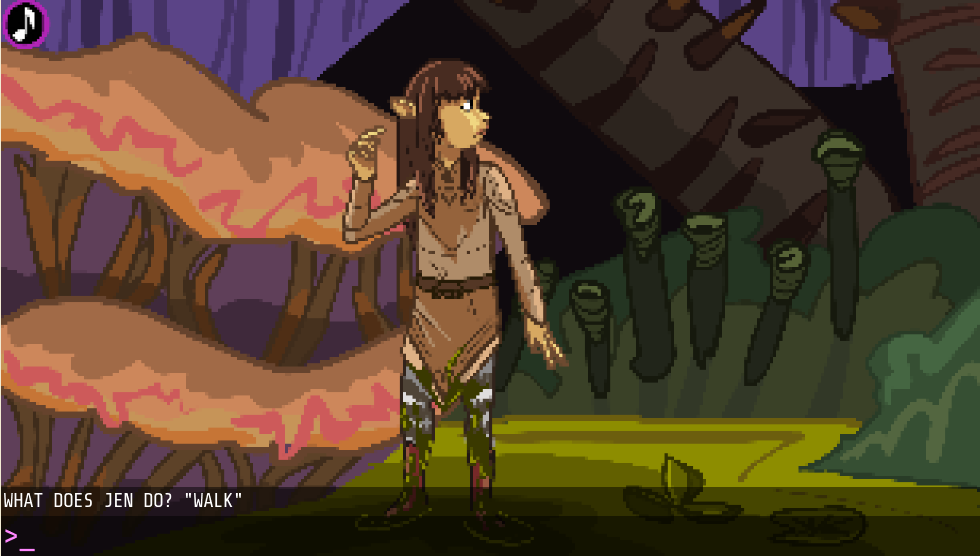 Hi-Res Adventure #6: The Dark Crystal (Browser) screenshot: As with Gelfling Adventure, this game lists available actions multiple-choice style rather than via traditional text parser. Here, we have only one thing we can do -- walk.