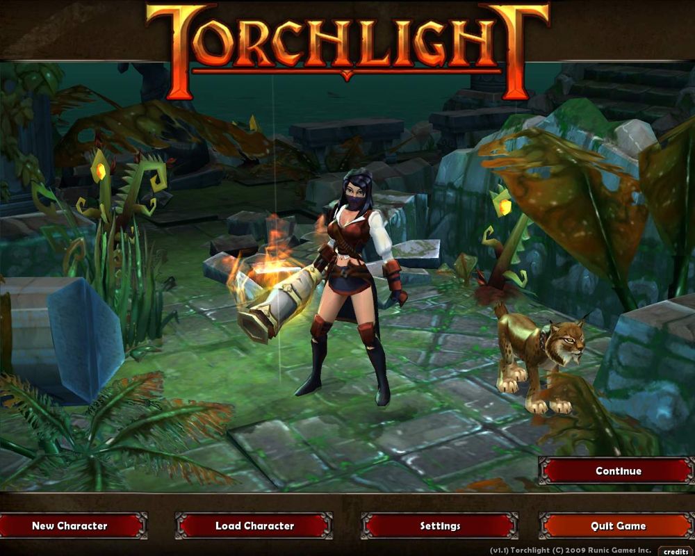 Torchlight (Windows) screenshot: You can see your character on the title screen