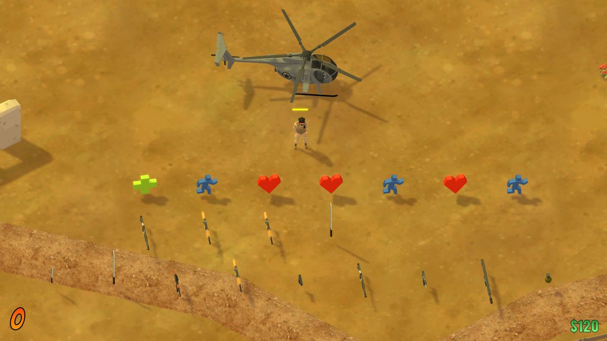 Covert Commando (Windows) screenshot: The game starts by a helicopter. In front of the player are all the arms they can buy but cash is limited