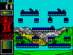 Bomb Jack II (ZX Spectrum) screenshot: Big jump from one ledge to another