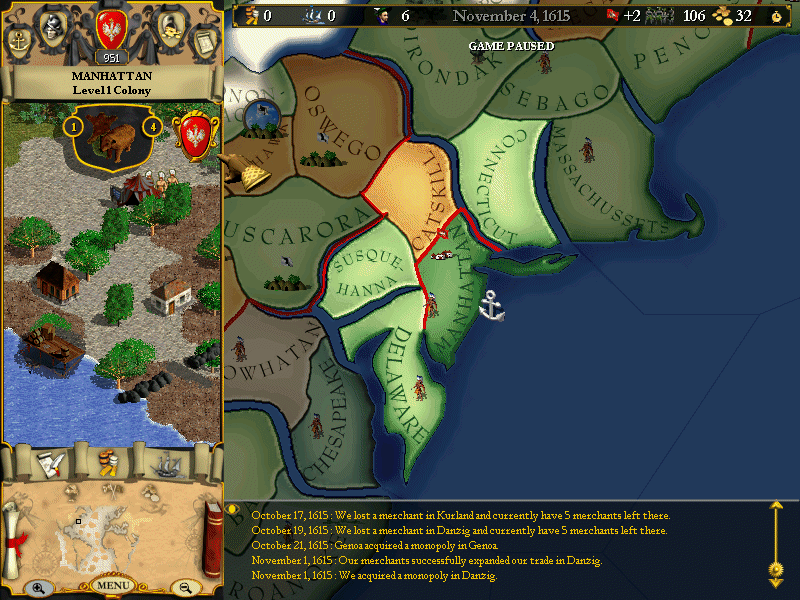 Europa Universalis (Windows) screenshot: And you thought Manhattan was settled by the Dutch. Wrong! It was Poland!