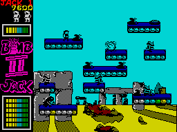 Bomb Jack II (ZX Spectrum) screenshot: Main objective is to collect sacks full of gold