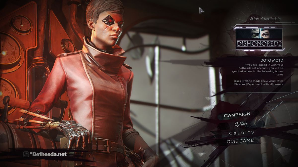 Dishonored: Death of the Outsider (Windows) screenshot: Title screen (featuring Billie Lurk, the protagonist).