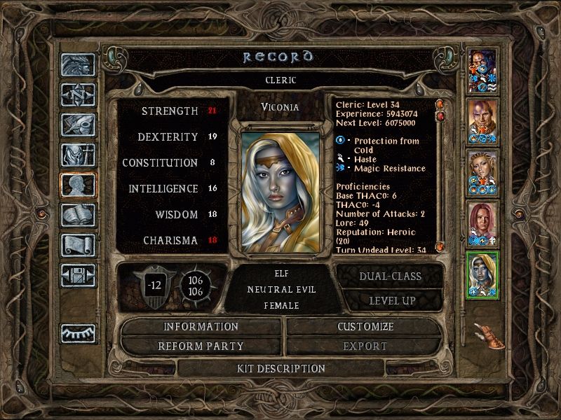 Baldur's Gate II: Throne of Bhaal (Windows) screenshot: An 8 Million point experience cap means your characters can reach extremely high levels...