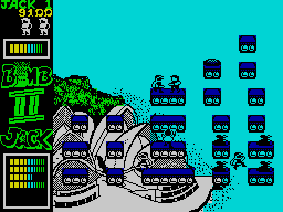 Bomb Jack II (ZX Spectrum) screenshot: It's possible to push enemy off the ledge