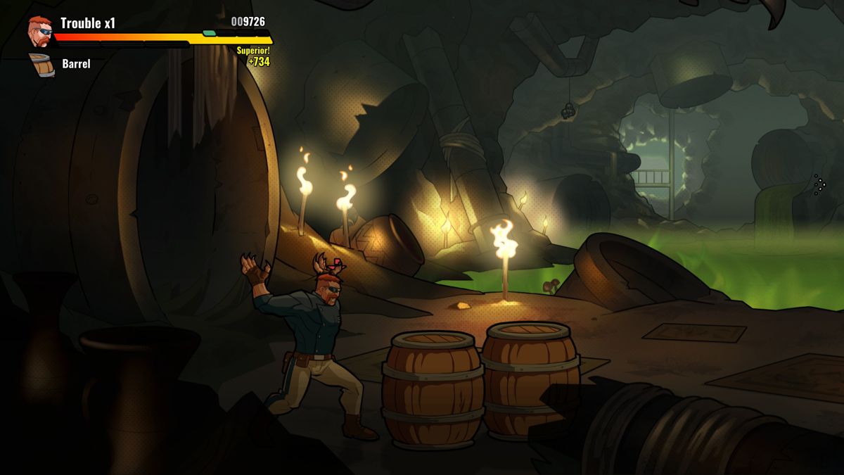 Mayhem Brawler (Windows) screenshot: Destroy barrels for health and other items.