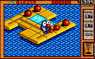 Bombuzal (Amiga) screenshot: You can literally bounce bombs along those tracks.
