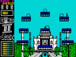 Bomb Jack II (ZX Spectrum) screenshot: Collect 10 opened sacks in a row for extra life