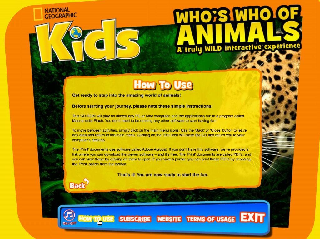 Who's Who Of Animals: A Truly Wild Interactive Experience (Windows) screenshot: Instructions for using the CD