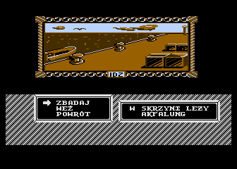 Alfa-Boot (Atari 8-bit) screenshot: Standing on the pier without a clue what to do