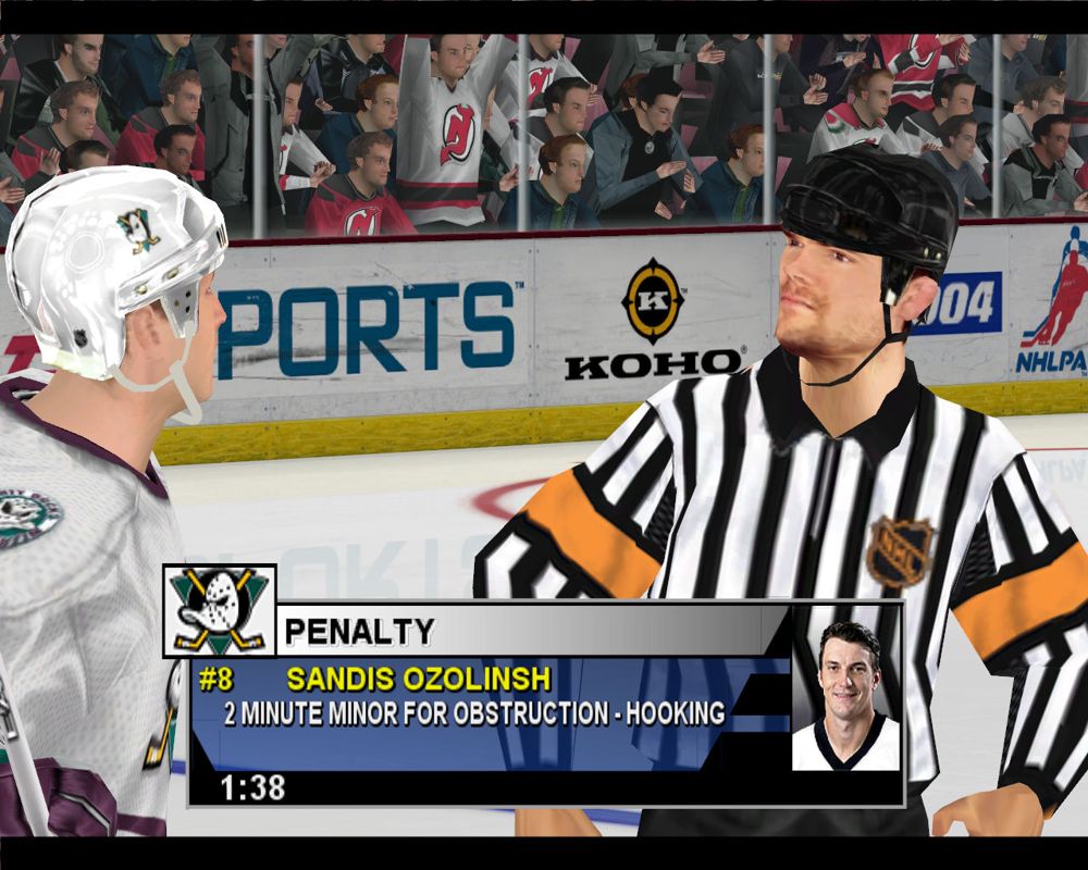 NHL 2004 (Windows) screenshot: Sandis Ozolinsh gets a penalty for obstruction - hooking.
