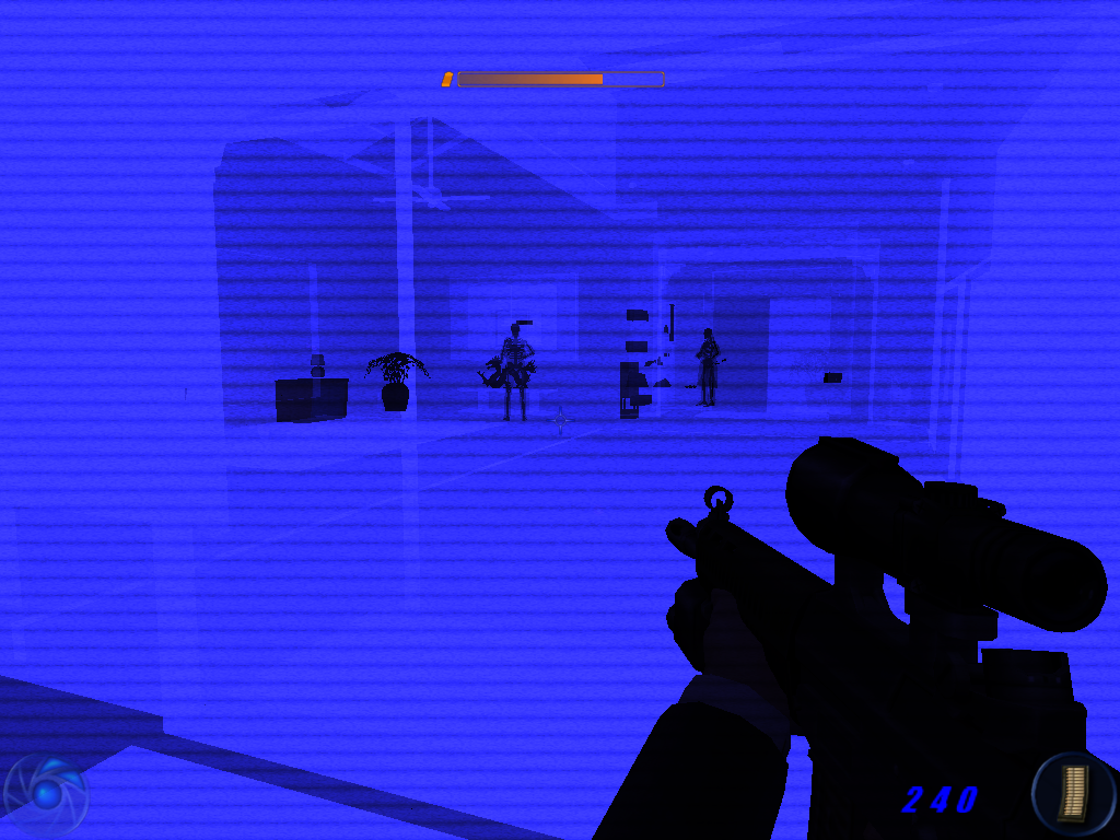 007: Nightfire (Windows) screenshot: The Q-Goggles' x-ray vision mode allows you to literally see through walls, providing advance knowledge of ambushes.