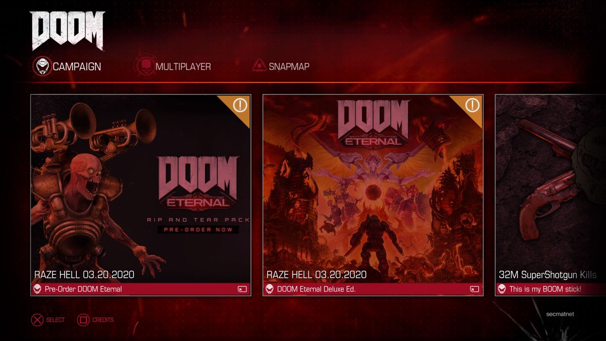 Doom (PlayStation 4) screenshot: Main menu (updated version)