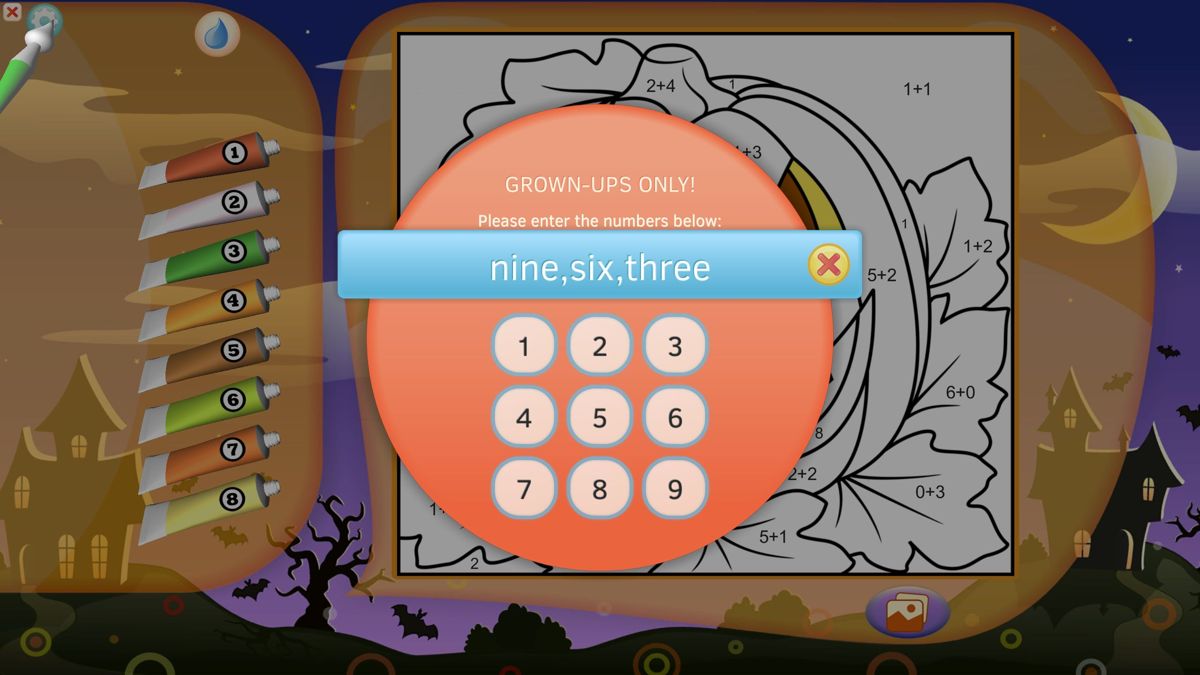 Color by Numbers: Halloween (Windows) screenshot: Some settings are protected by a code<br>In the background picture the numbers have been replaced by sums